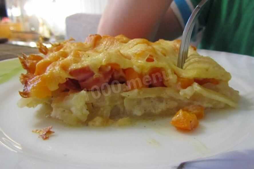 Жареная картошка с копчеными сосисками на сковороде