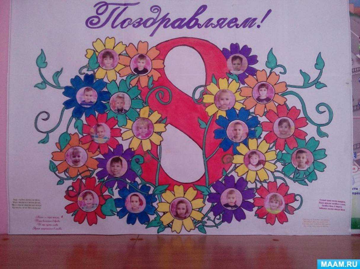 Плакат на 8 марта своими руками в школу учителям и детский сад маме, для воспитателей, женщинам-коллегам на работу, стенгазета к 8 марта