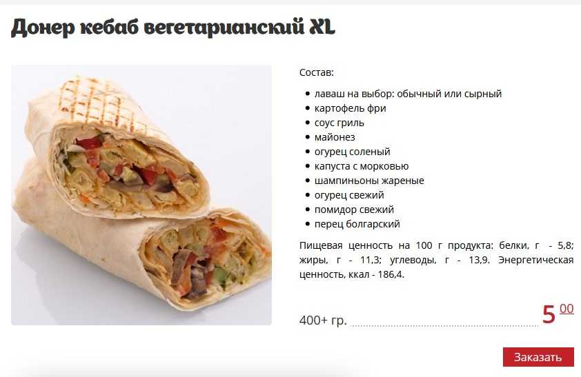 Сколько калорий в шаурме с курицей в лаваше с майонезом уличной